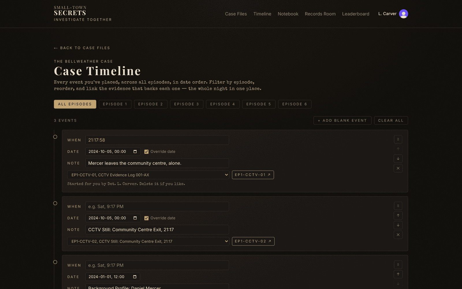 The case Timeline with its episode filter