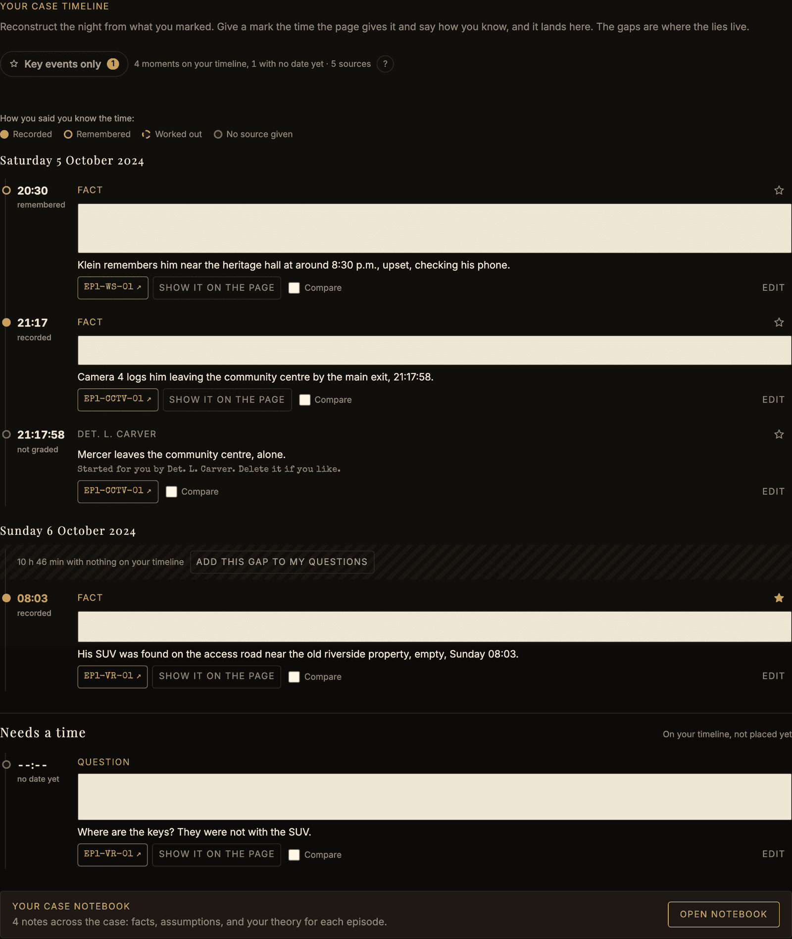 Your timeline: a day of moments, the overnight gap, a starred key event