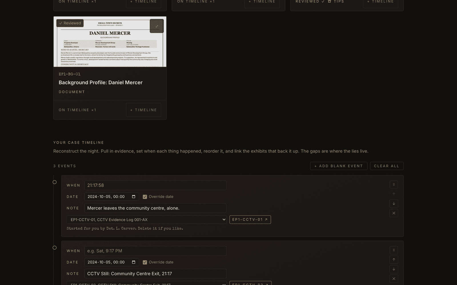 The episode timeline under the evidence