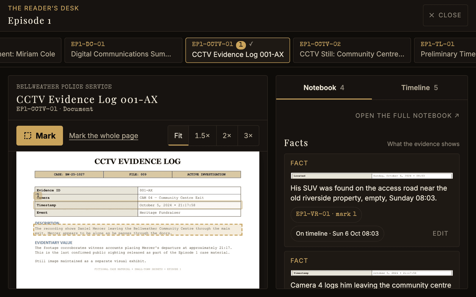 A box being drawn round one paragraph of a police CCTV evidence log, with Mark switched on above it.