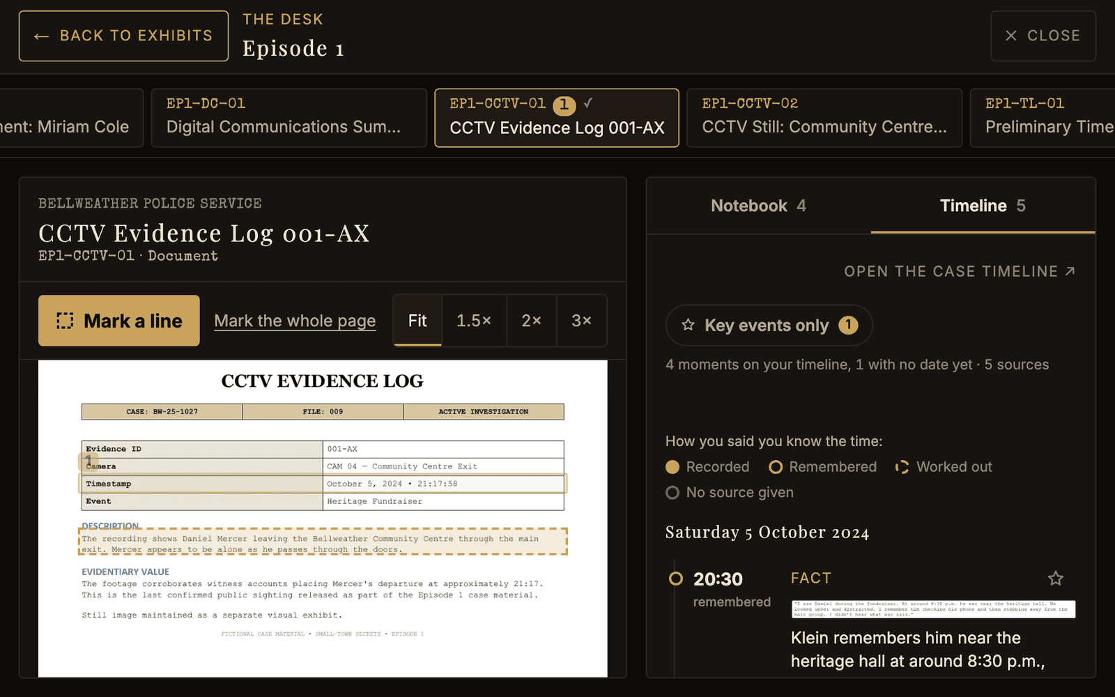 A box being drawn round one paragraph of a police CCTV evidence log, with Mark a line switched on above it.