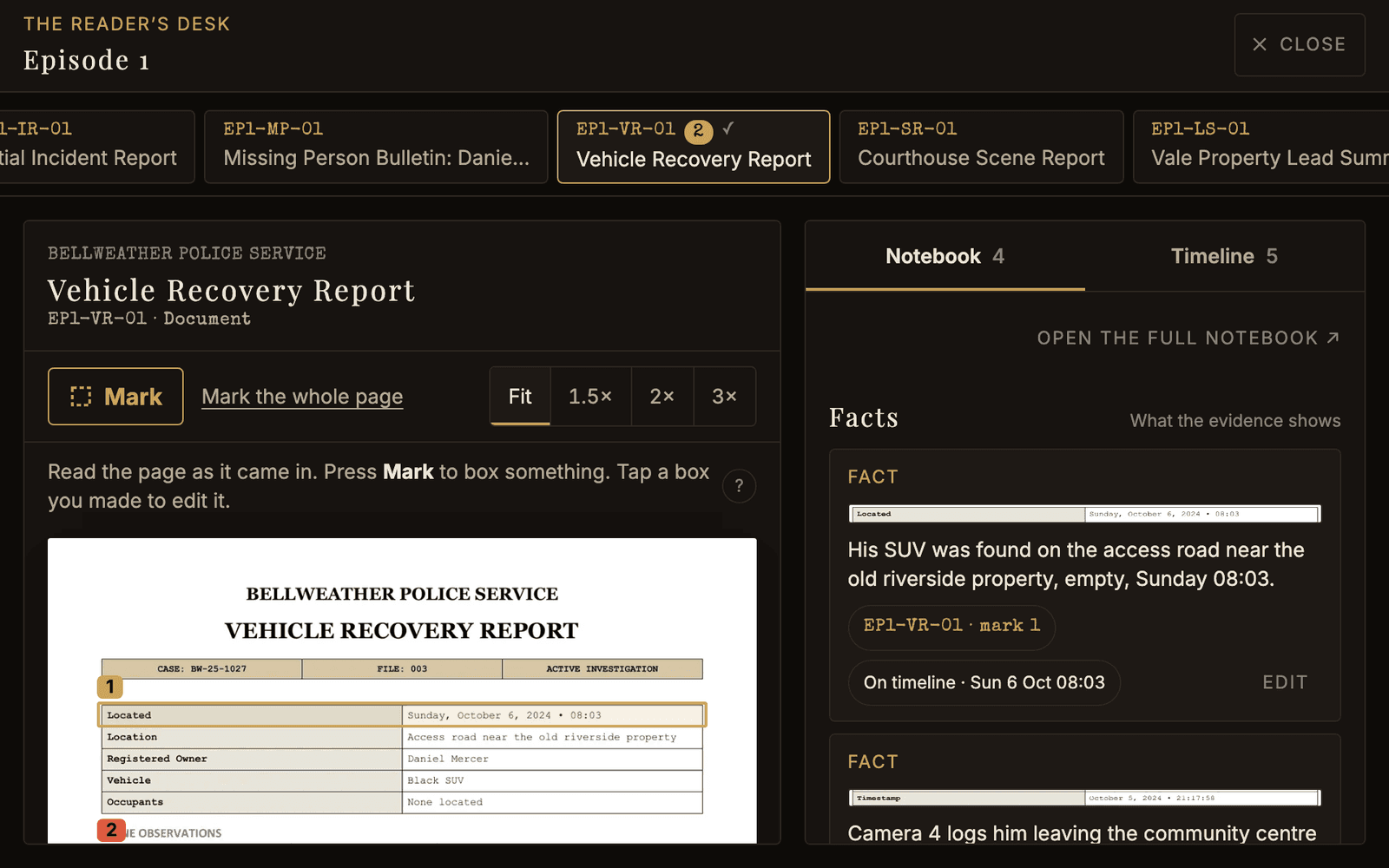 The Reader’s Desk open on a police vehicle recovery report, with a row of exhibit tabs above it and the player’s notebook beside it.