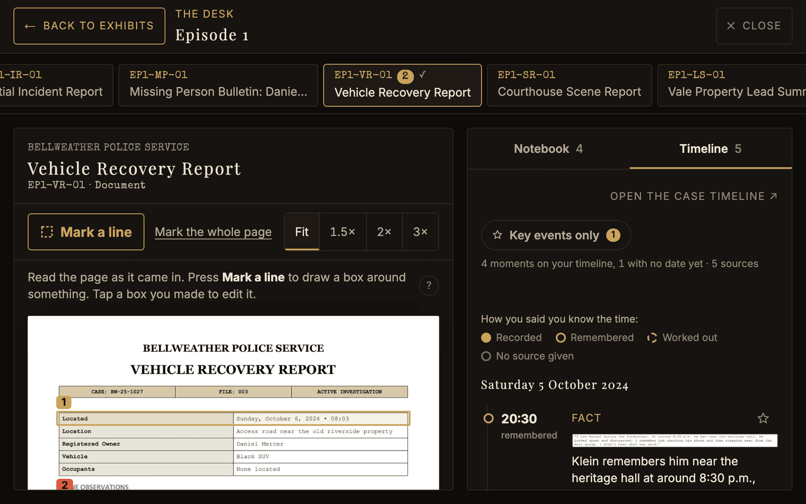 The desk open on a police vehicle recovery report, with a row of exhibit tabs above it and the player’s notebook beside it.