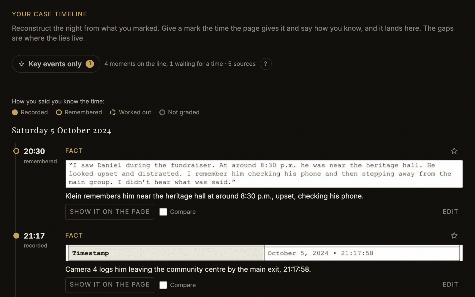 A timeline of one Saturday evening: three moments in order, each with the clipping it came from and a note in the player’s words.