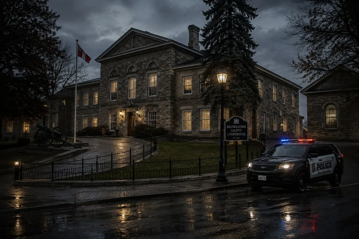 Bellweather County Courthouse at dusk, a police cruiser parked out front