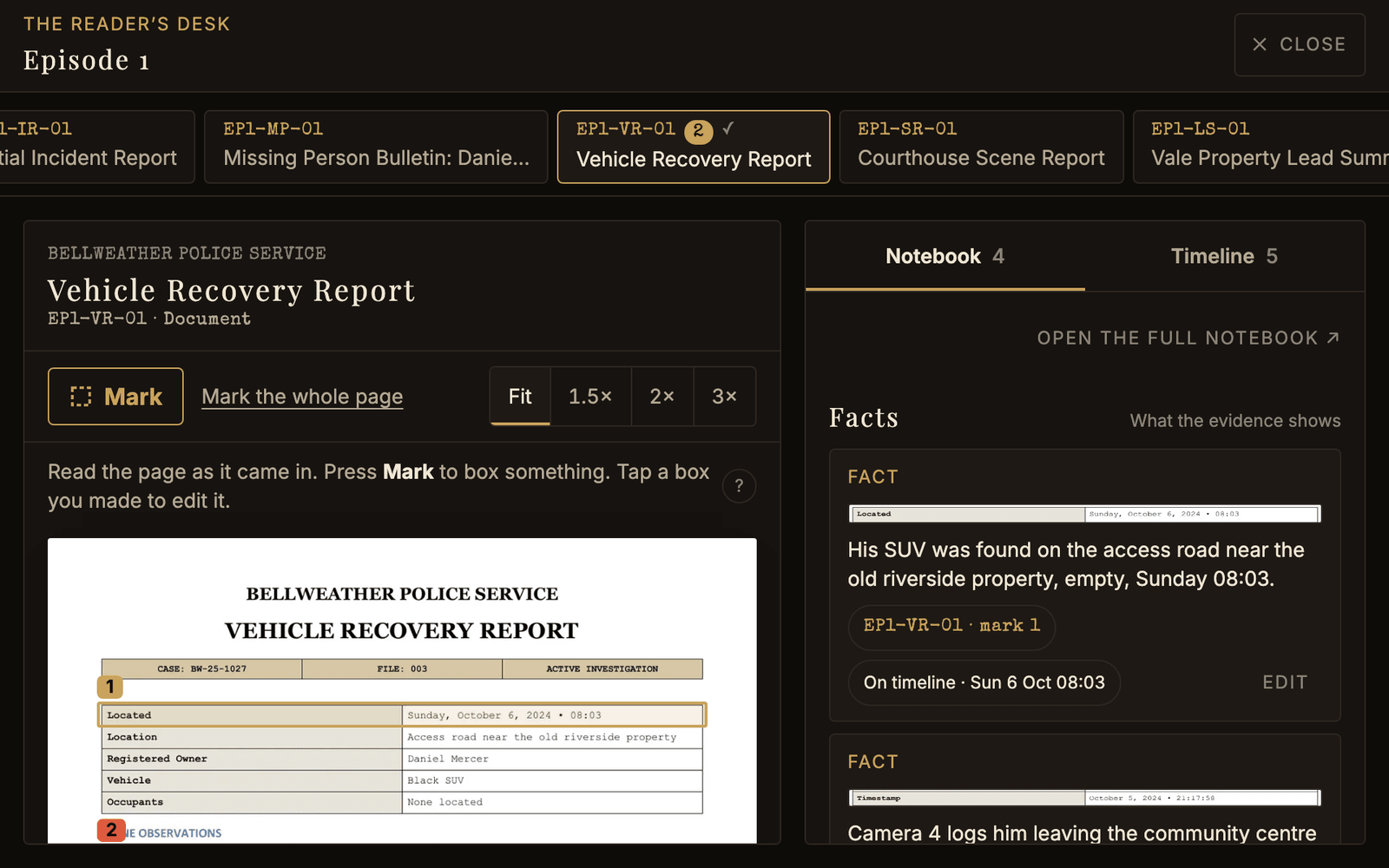 The desk open on a police vehicle recovery report, with a row of exhibit tabs above it and the player’s notebook beside it.