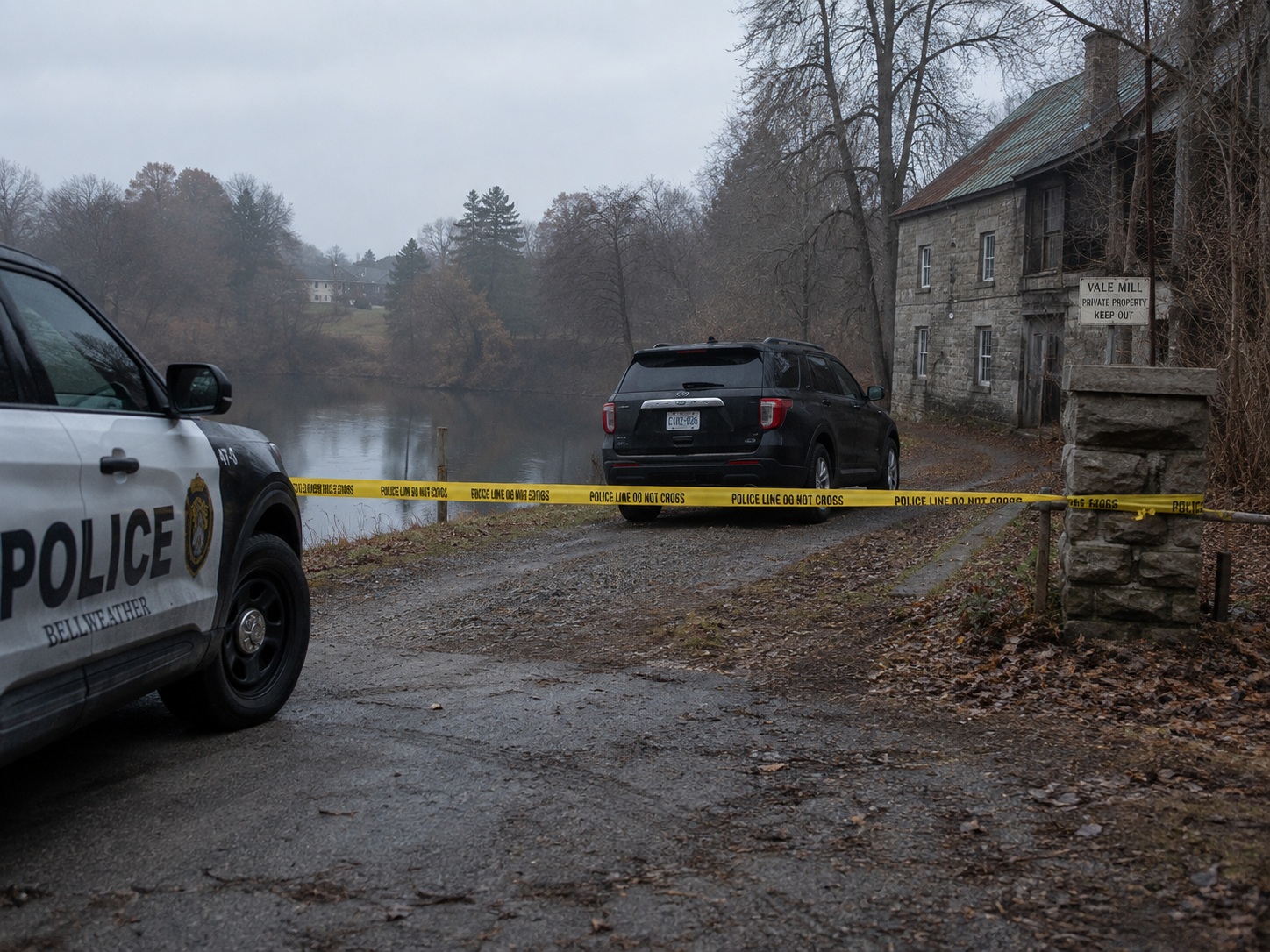 A police vehicle and a parked black SUV beyond police tape on a gravel road beside a river, with an old stone mill on the right.